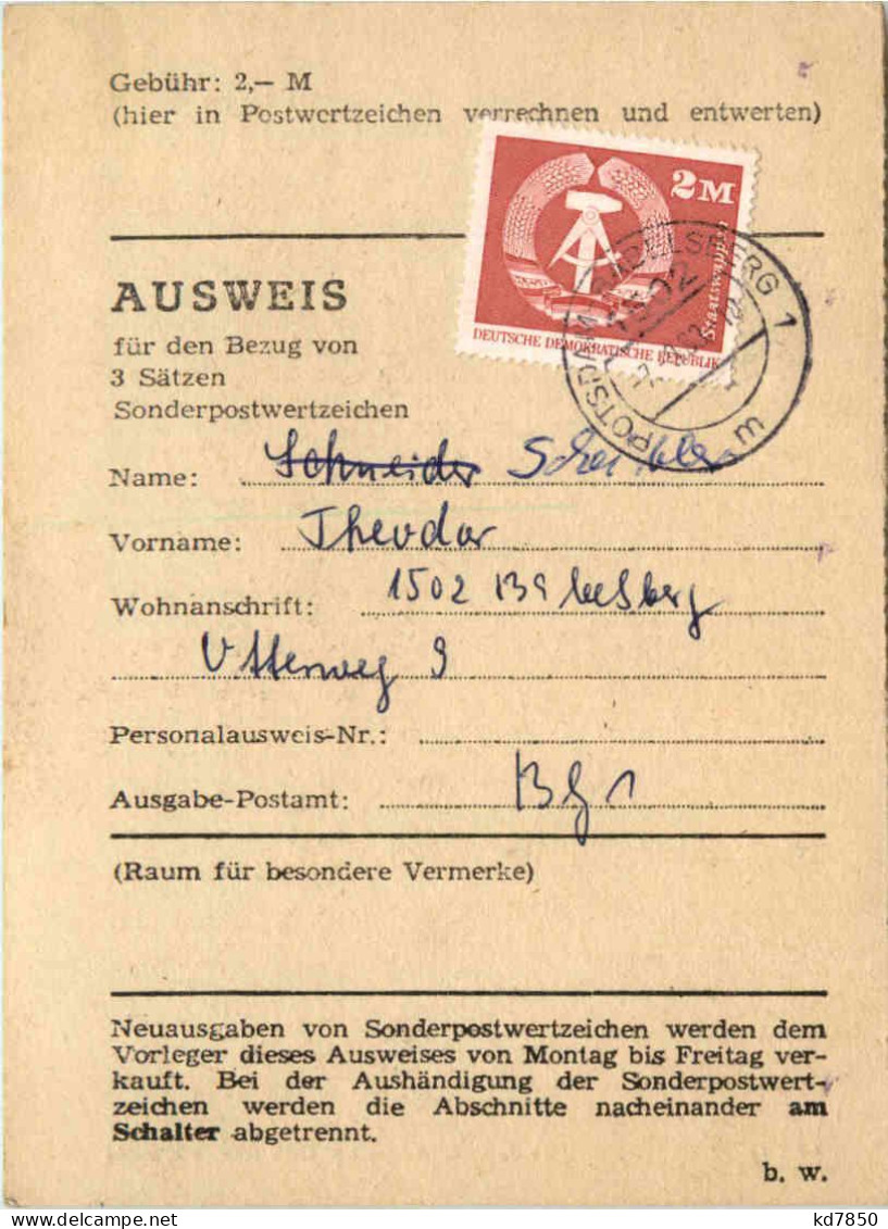 DDR - Ausweis Für Den Bezug Von 3 Sätzen Sonderwertzeichen - Potsdam - Potsdam