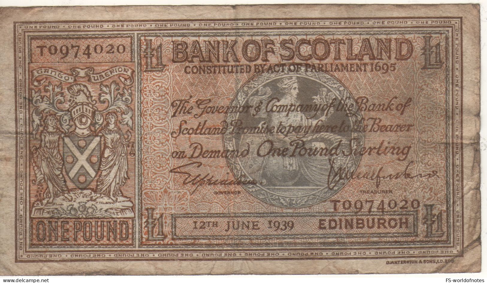 SCOTLAND  Early  1 Pound   Bank Of Scotland  P91b  Dated 12th June 1939  (Bank Of Scotland Building On Back) - 1 Pound