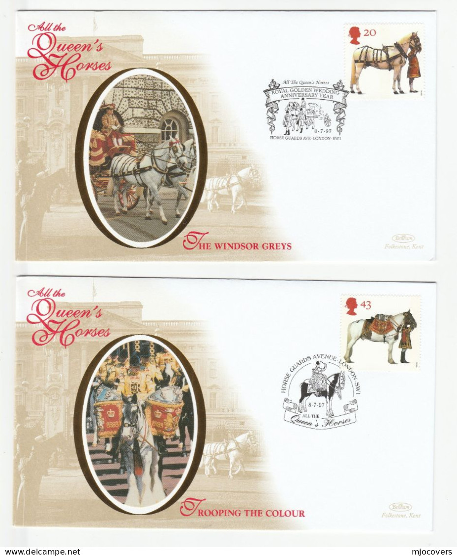 The Queens HORSE GUARDS  2 Diff Special SILK  FDCs 1997 Horse Guards Avenue London GB Cover Horses Royalty Military Fdc - Horses