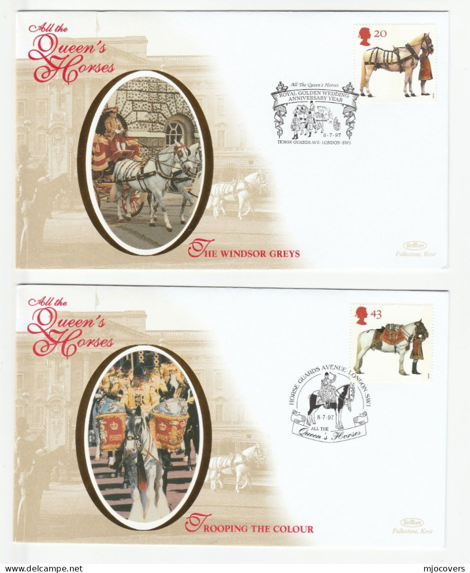 The Queens HORSE GUARDS  2 Diff Special SILK  FDCs 1997 Horse Guards Avenue London GB Cover Horses Royalty Military Fdc - Cavalli