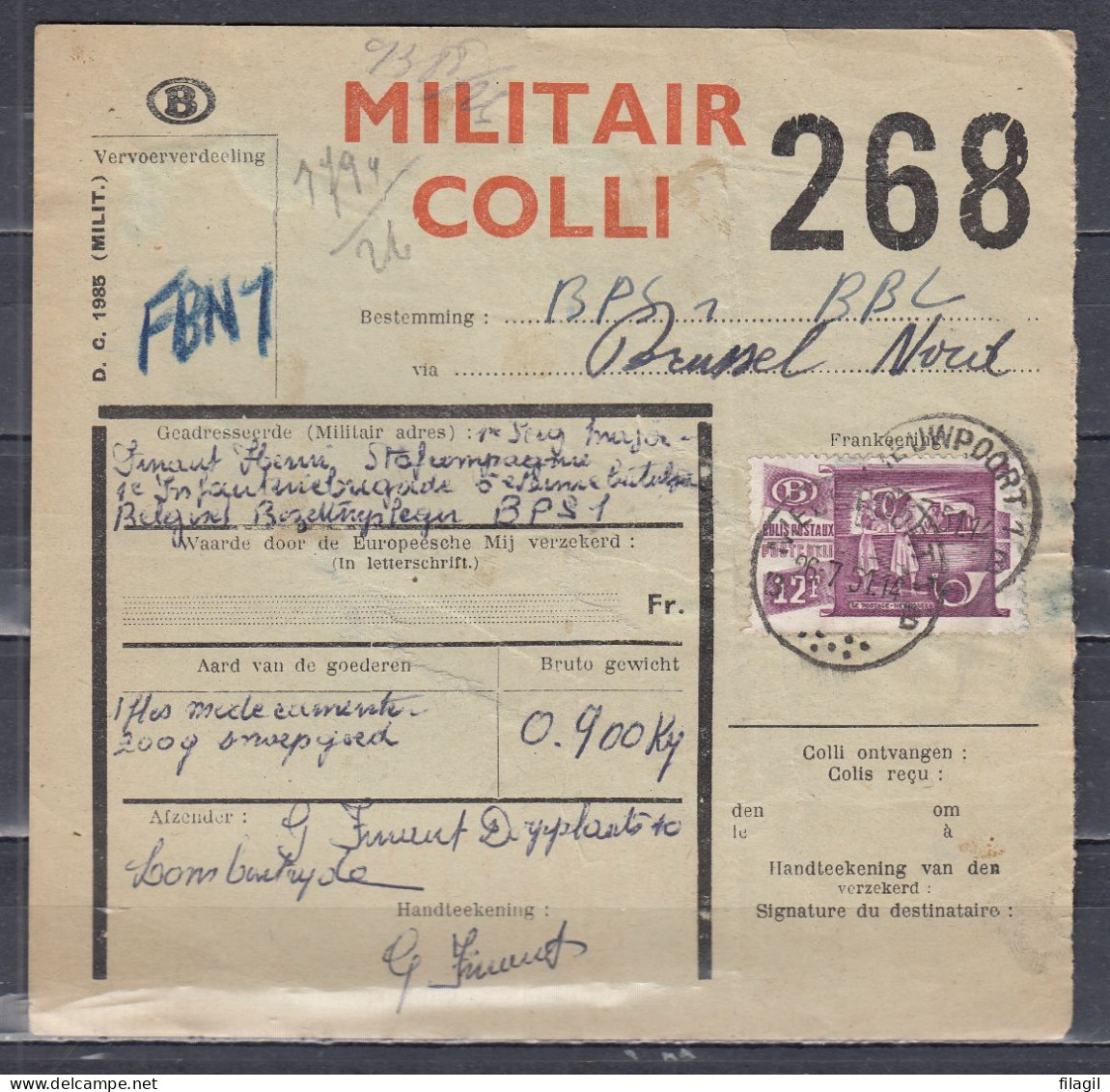 Vrachtbrief Met Stempel Nieuwpoort 1B Militair Colli - Documentos & Fragmentos