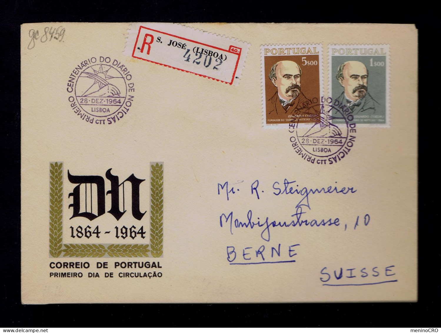 Gc8459 PORTUGAL "DN- Diário DeNoticias" Newspaper Fdc 1964-12-28 Pmk Lisboa (mailed SCARCE) »Berne -Suisse - Other & Unclassified