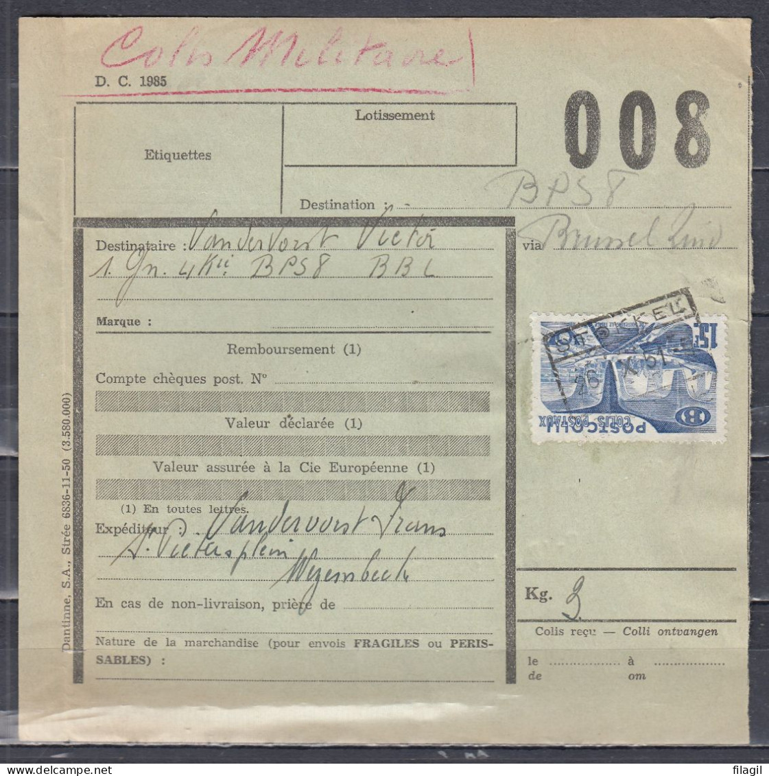 Vrachtbrief Met Stempel Stokkel Colis Militaire - Documents & Fragments