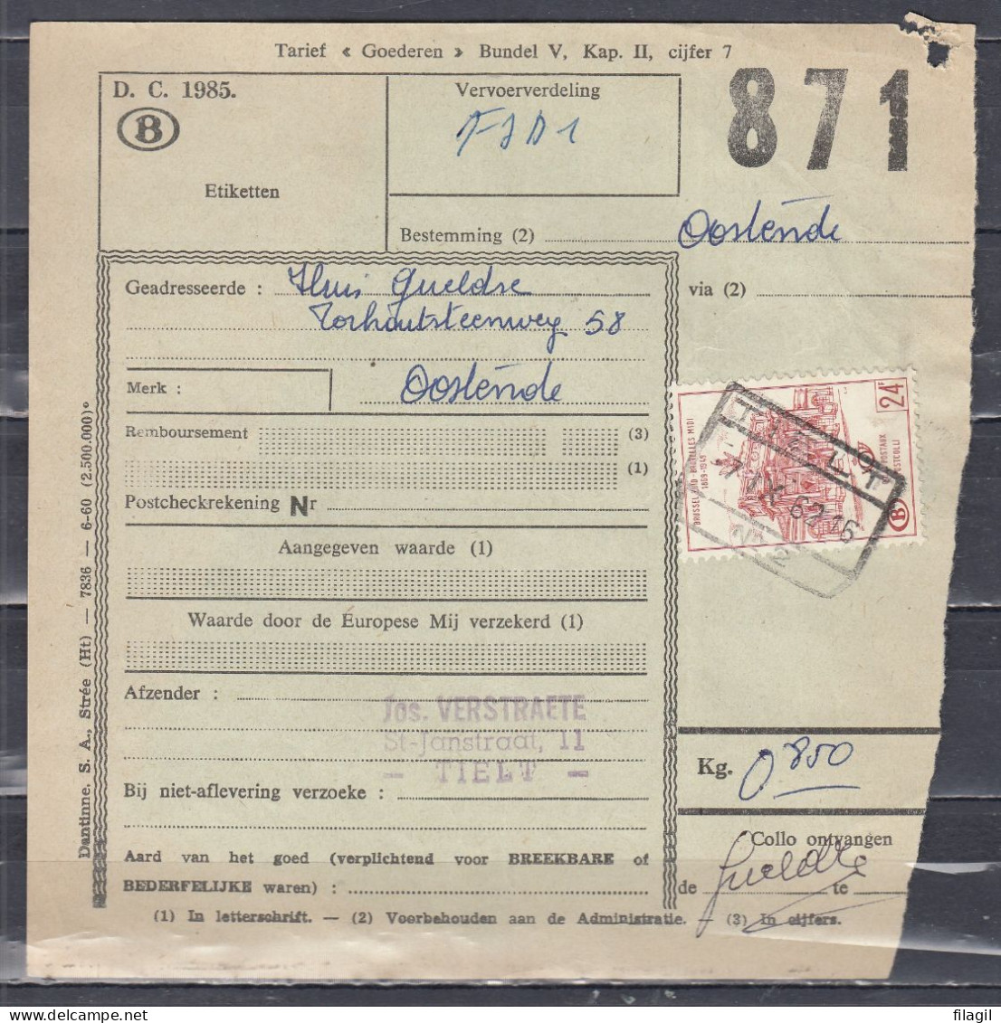 Vrachtbrief Met Stempel Tielt N°2 - Dokumente & Fragmente