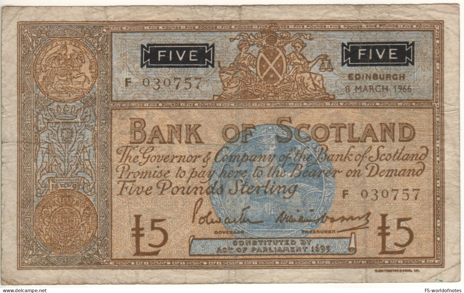 SCOTLAND  5 Pounds    Bank Of Scotland  P106b  Dated 8 March 1966  ( Arms & Saiiing Ship On Back) - 5 Pounds