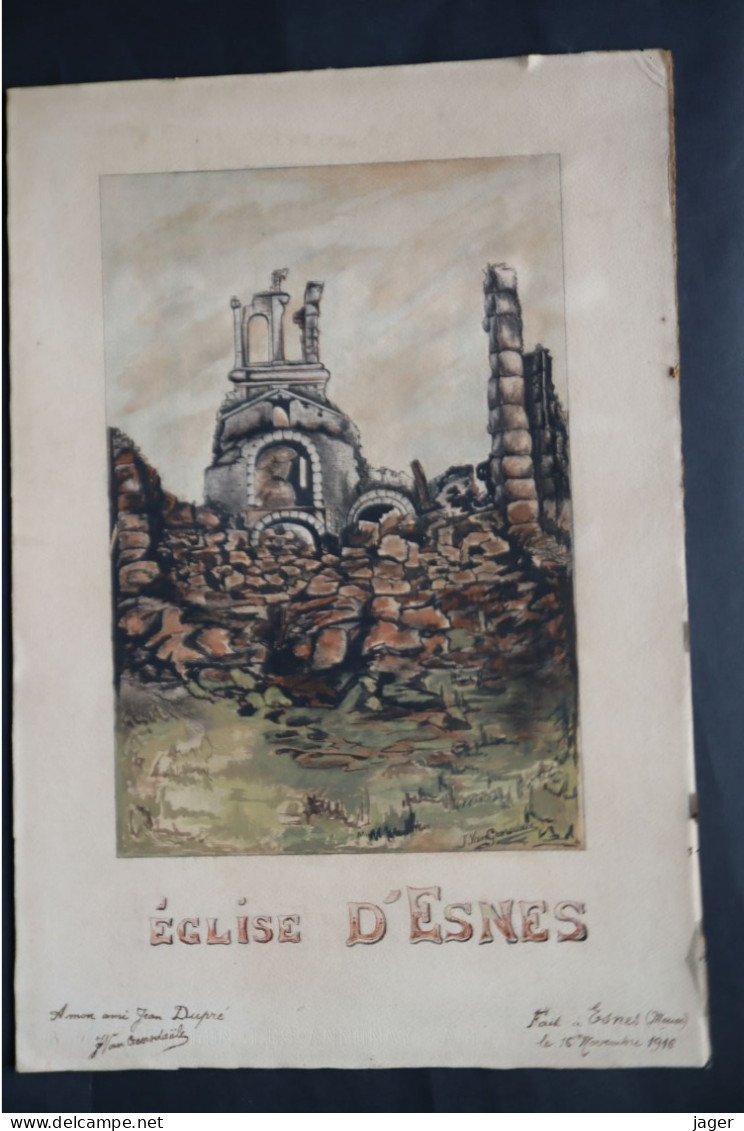 Aquarelle De POILU 1916 L'Eglise D'ESNES   MEUSE  Signée - 1914-18