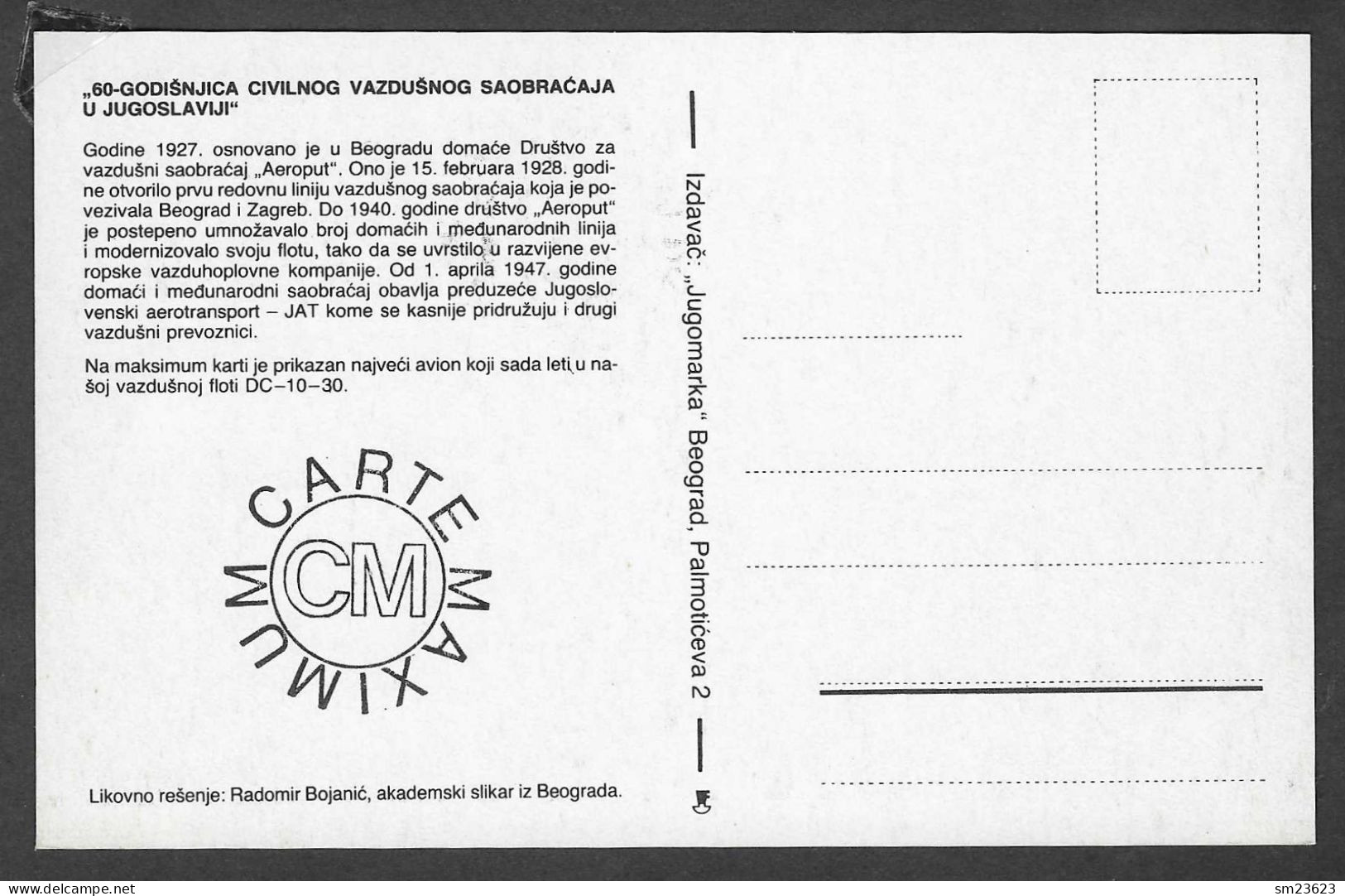 Jugoslawien  1987 , " 60- Godisnjica Civilnog Vazdusnog Saobracaja U Jugoslavija" - Maximum Card - First Day 20.3.1987 - Cartoline Maximum