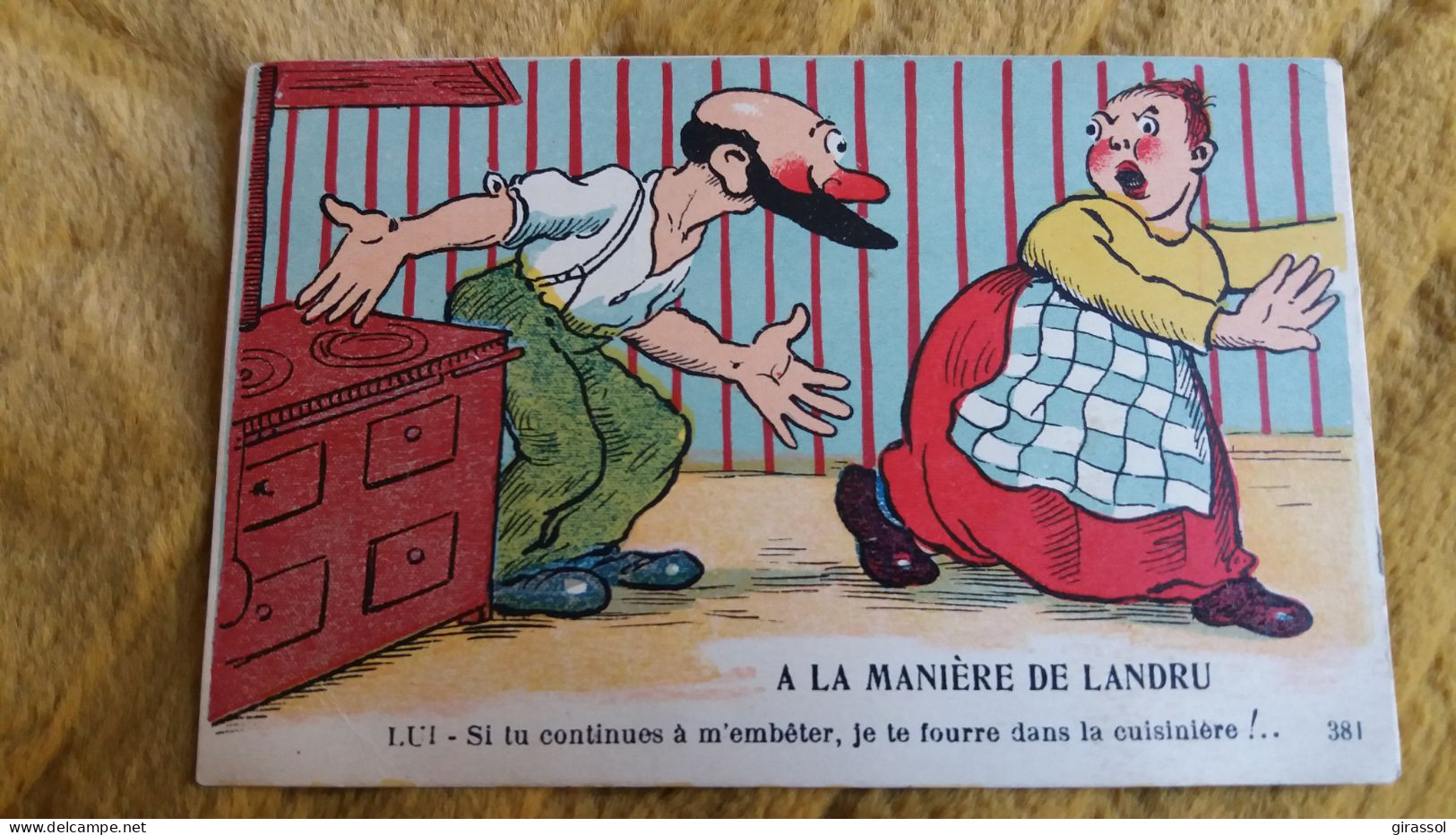 CPA CPSM FEMME HOMME A LA MANIERE DE LANDRU SI TU CONTINUES A M EMBETER JE TE FOURRE DS LA CUISINIERE G A N 381 - Humor