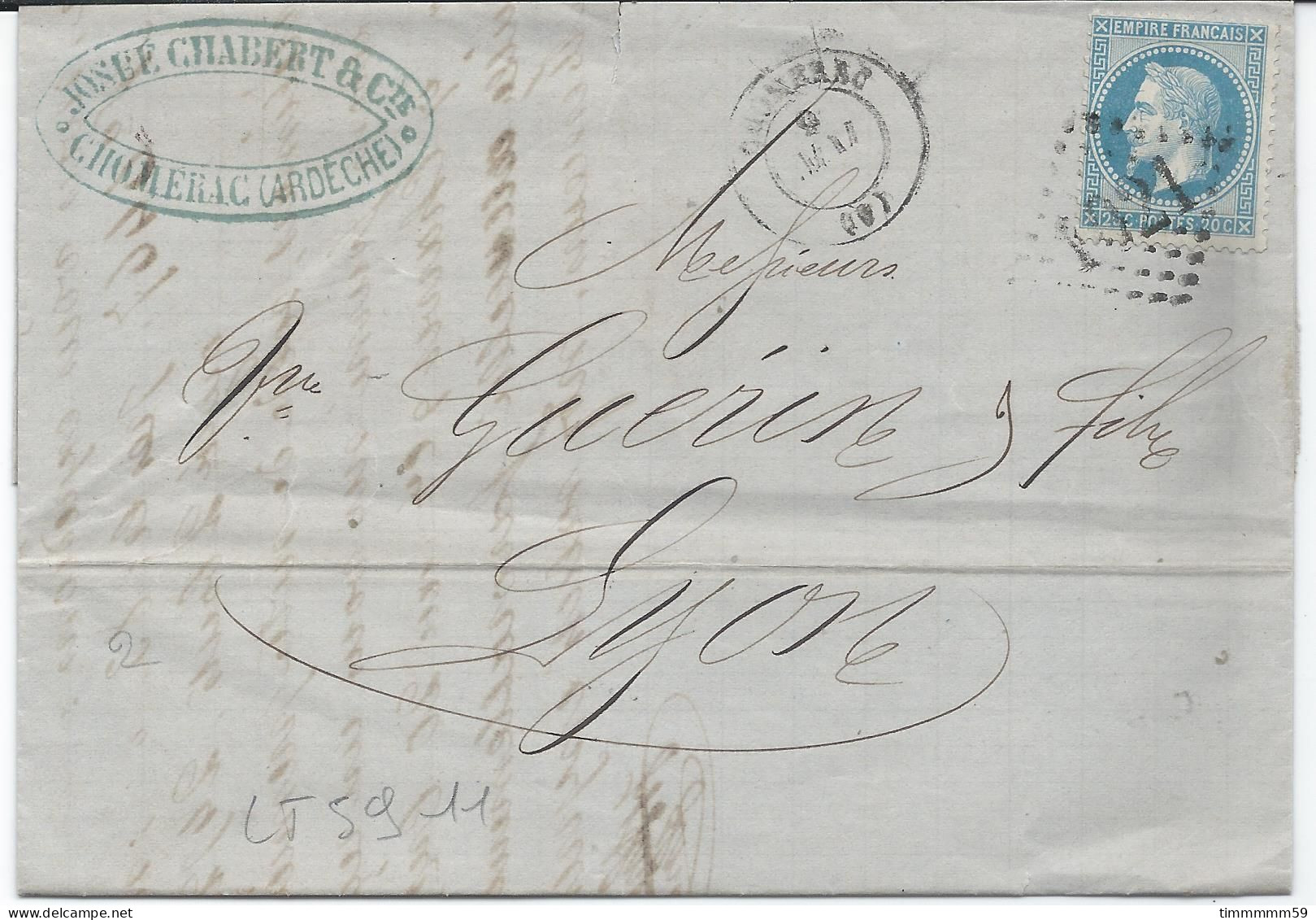 LT5911   N°29A/Lettre, Oblitéré GC 1021 CHOMERAC(6), Indice 4 Pour LYON Du 9 Mai. 1868, Cachet Sans Dateur. - 1863-1870 Napoléon III Lauré