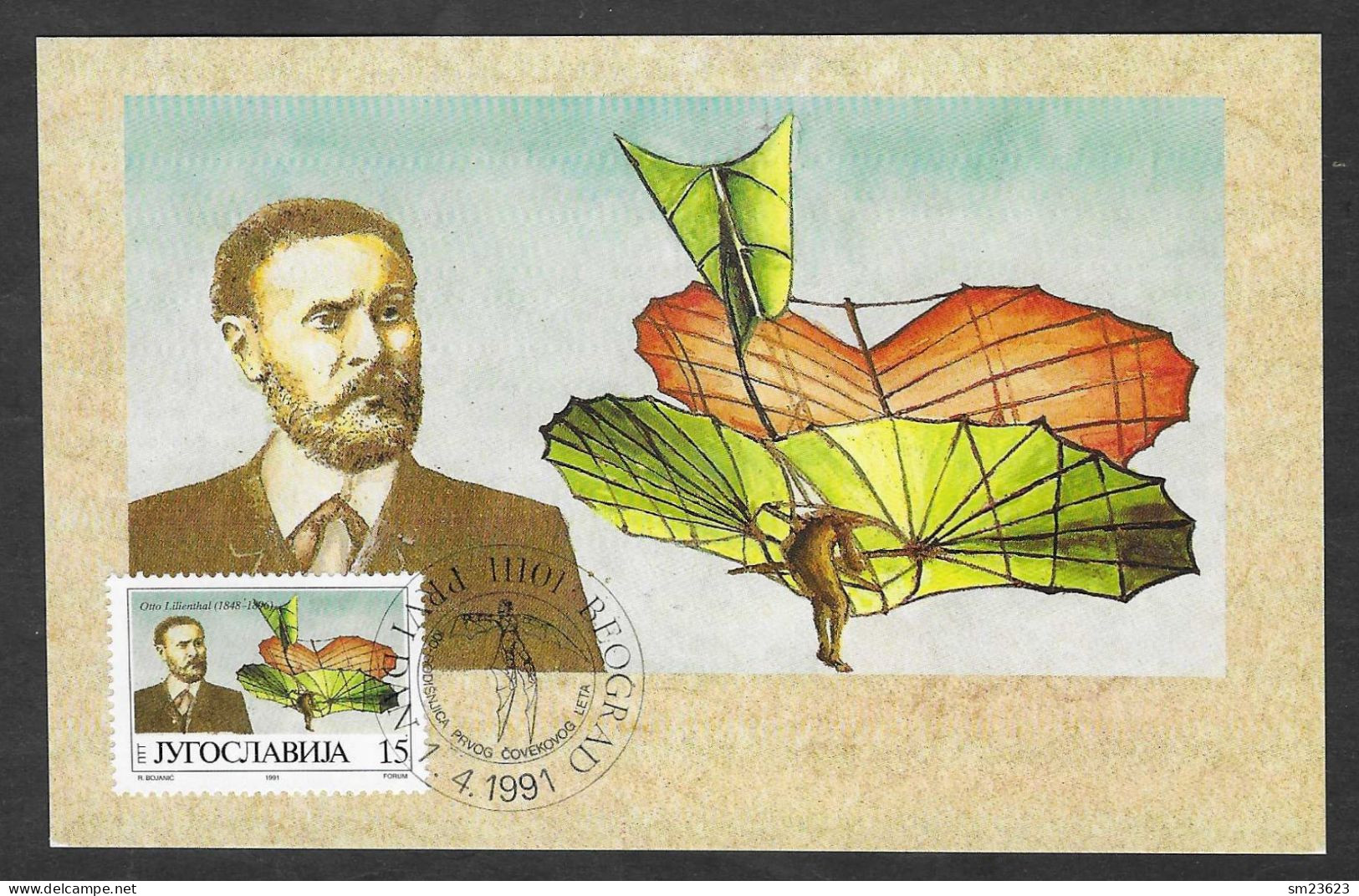 Jugoslawien  1991 , Otto Lilienthal / Pilot - Maximum Card - First Day  Beograd 1.4.1991 - Cartes-maximum