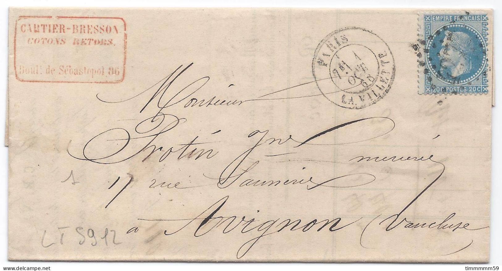 LT5912   N°29A/Lettre, Oblitéré GC 4277 LA VILLETTE(60), Indice 2 Pour AVIGNON Du 1 Oct. 1868 - 1863-1870 Napoléon III Lauré