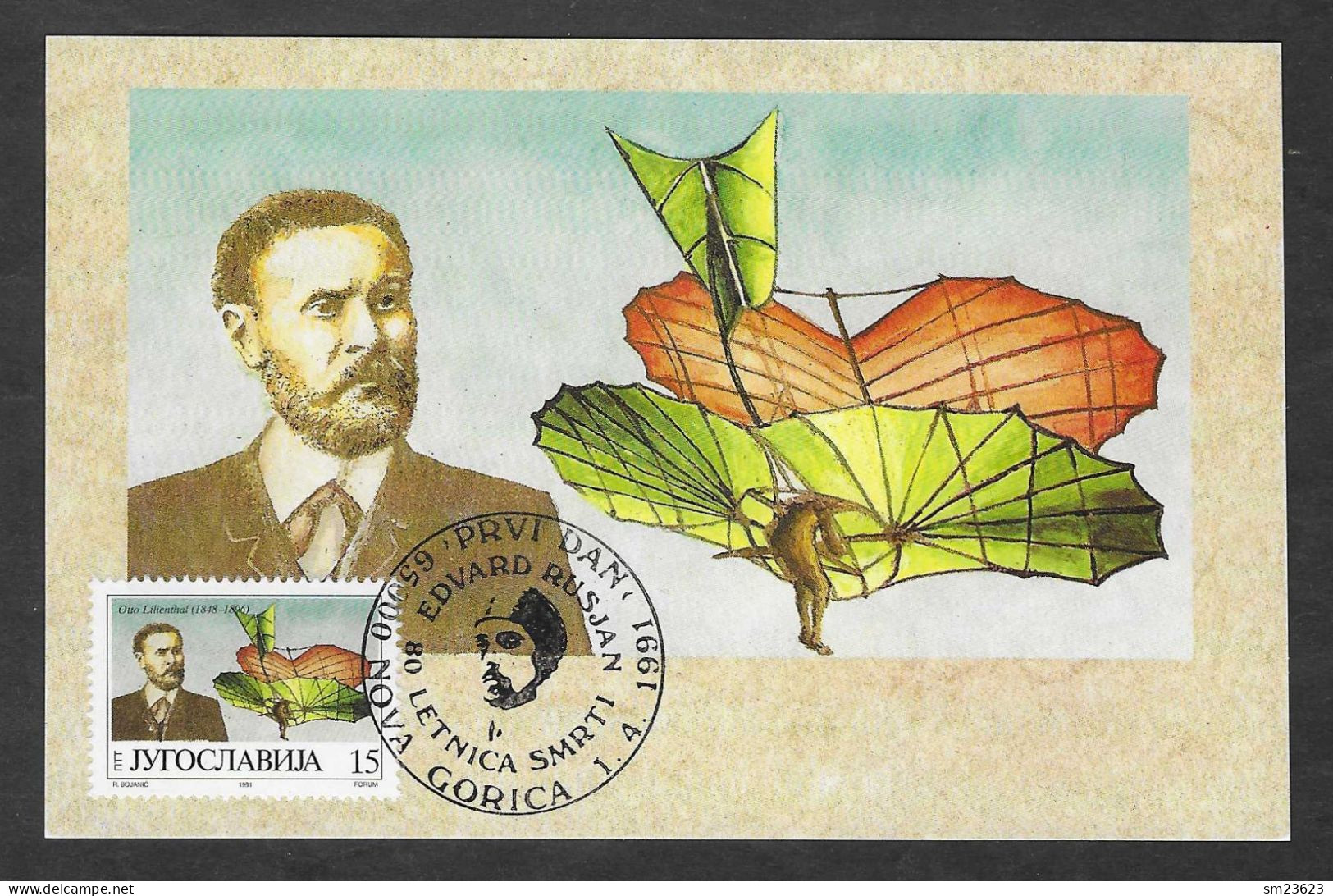 Jugoslawien  1991 , Otto Lilienthal / Pilot - Maximum Card - First Day SS NOVS GORICA 1.4.1991 - Maximumkarten