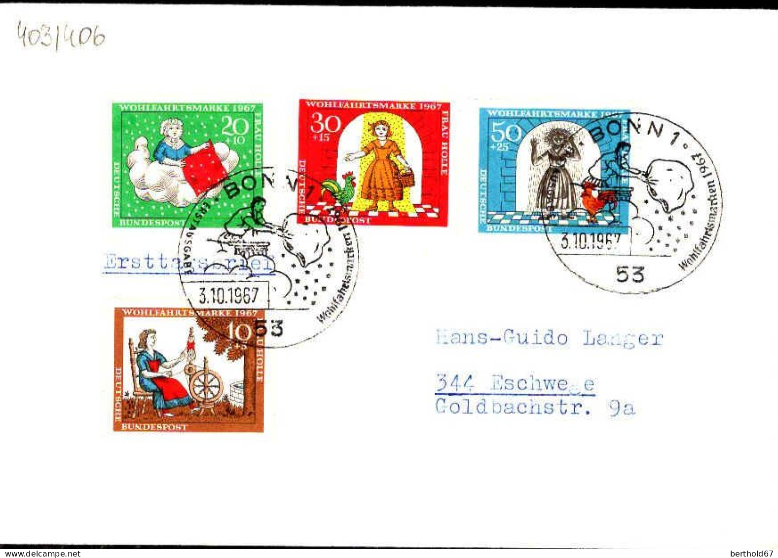 RFA Poste Obl Yv: 403/406 Contes Des Frères Grimm Frau Holle (TB Cachet à Date) Fdc Bonn 3-10-67 - 1961-1970