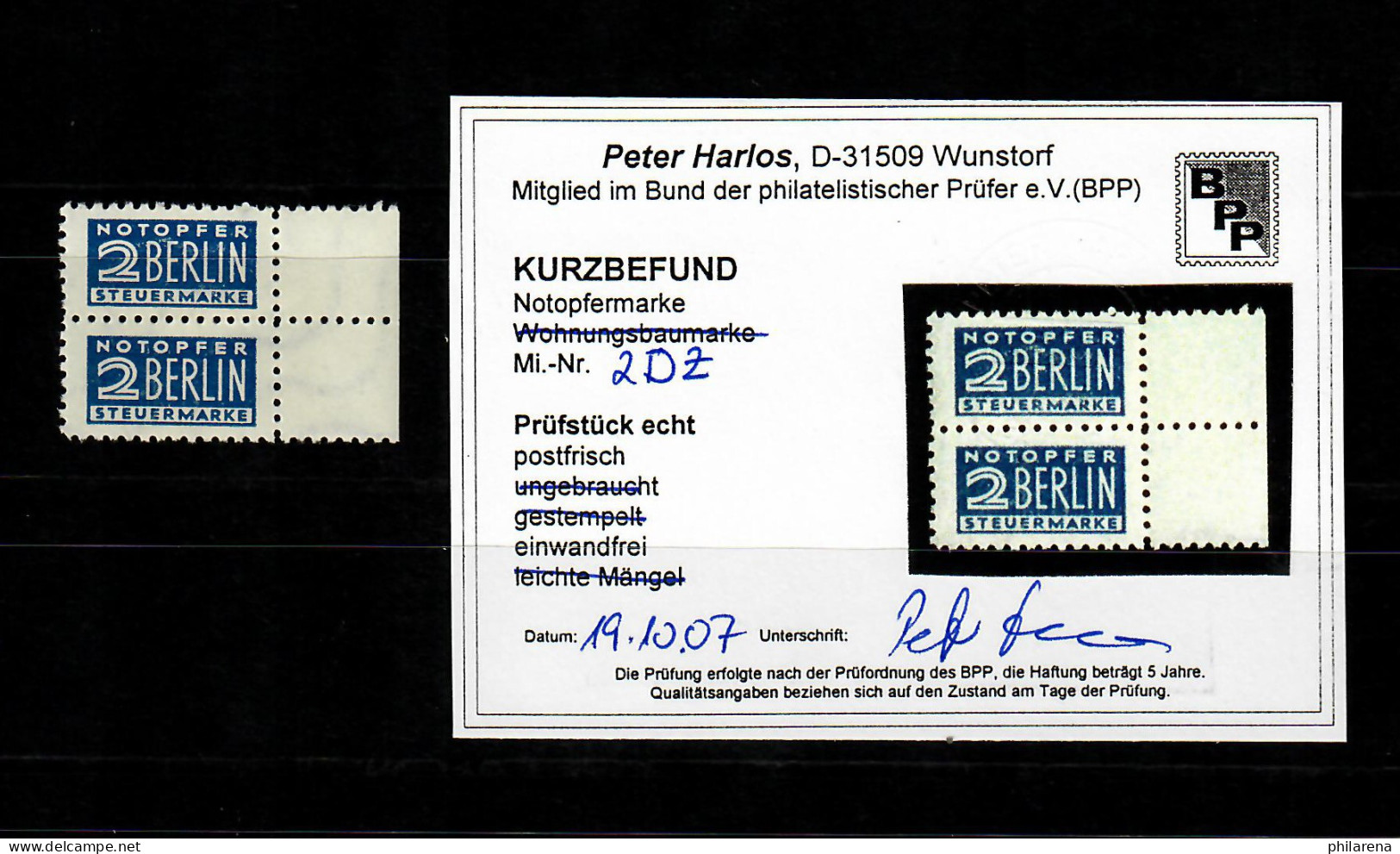 Notopfermarke MiNr. 2 DZ, Postfrisch, **, BPP Attest - Mint