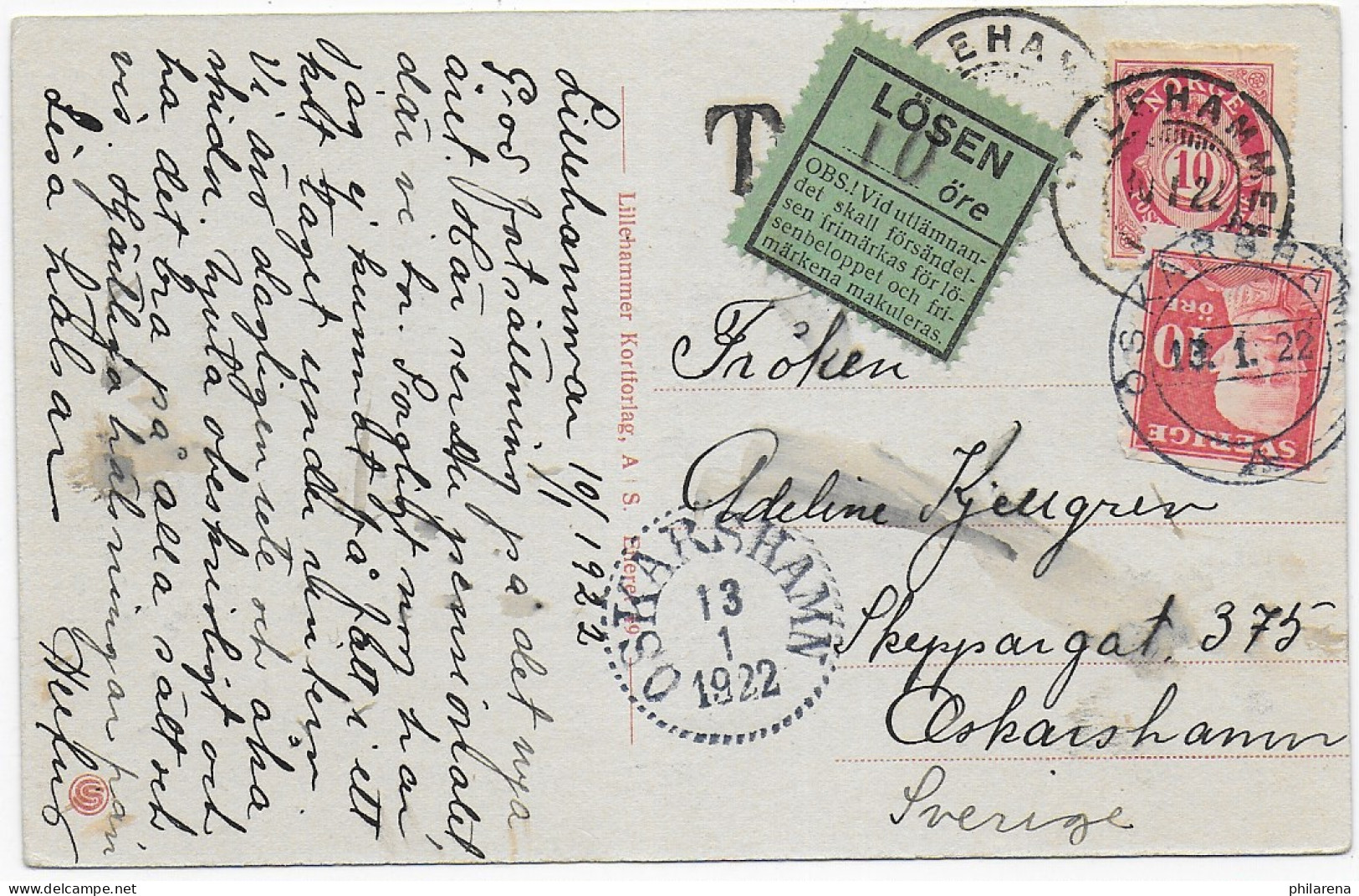 Oskarshamn 1922, Post Card Lillehammer To Sweden, Taxe, Sole Pensionat - Other & Unclassified