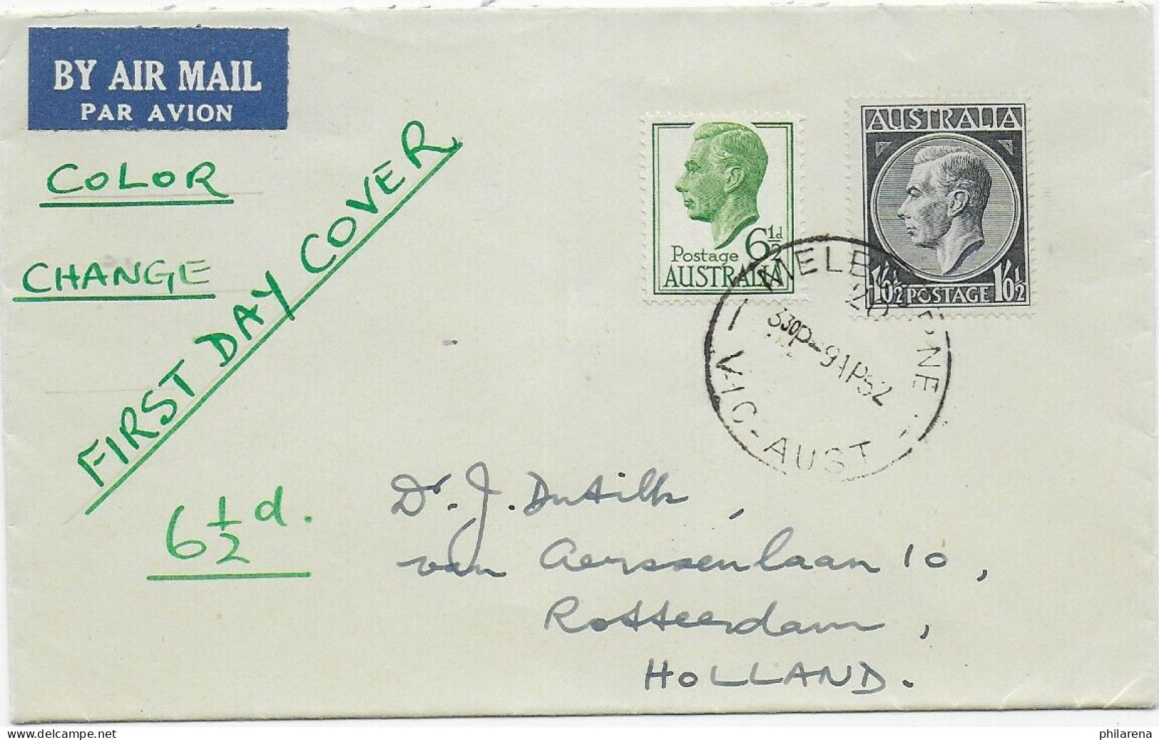 FDC Melbourne/Vic 1952 To Rotterdam/NL - Otros & Sin Clasificación