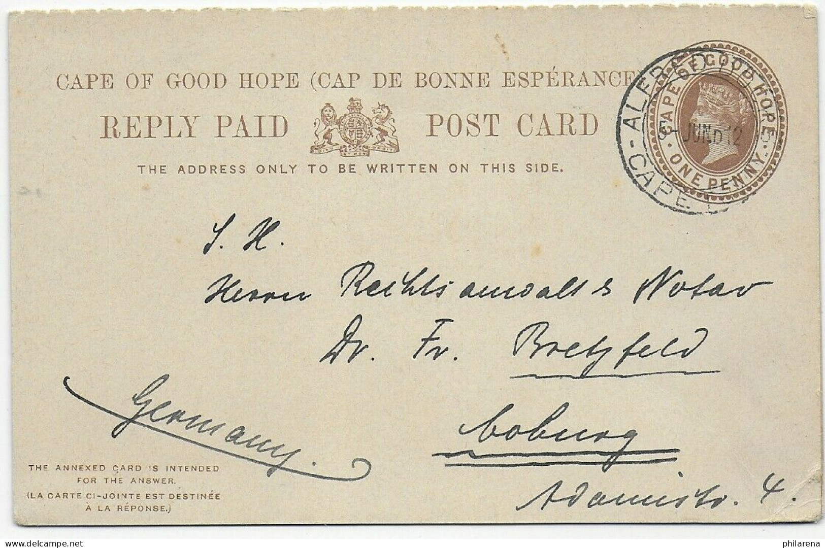 Post Card With Reply Card Alfred Docs, Cape Town, 1912 To Coburg/Germany - Other & Unclassified