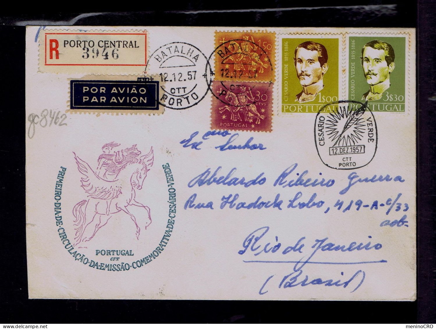 Gc8462 PORTUGAL "CESÁRIO VERDE" 1855-1886 Fdc 1957 Pmk PORTO (mailed) »Rio De Janeiro -Brazil /writers ècrivain - Altri & Non Classificati