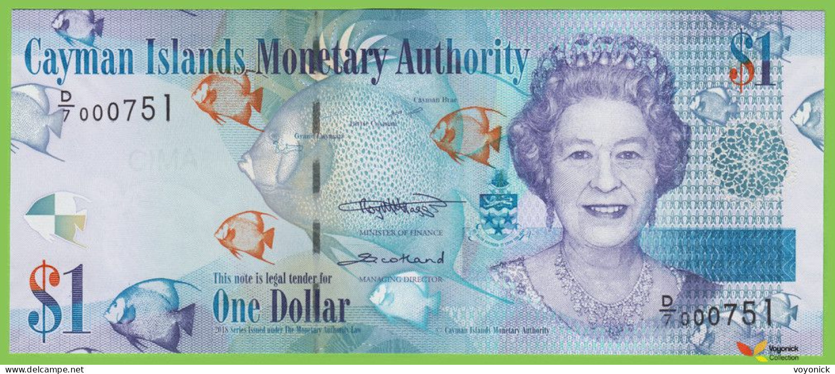 Voyo CAYMAN ISLANDS 1 Dollar 2018 P38e B218c D/7 UNC Queen Elisabeth II Low Number - Cayman Islands