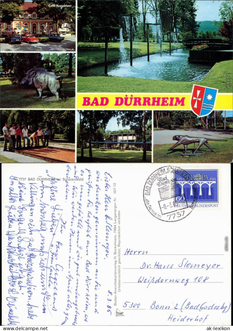 Ansichtskarte Bad Dürrheim Gasthof, Brunnenanlage, Plastik, Sportanlagen 1985 - Bad Duerrheim