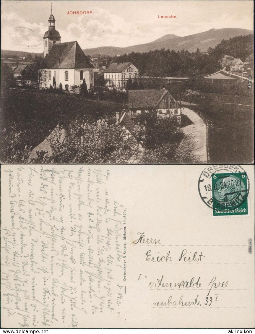 Ansichtskarte Jonsdorf Dorfpartie - Kirche 1934  - Jonsdorf