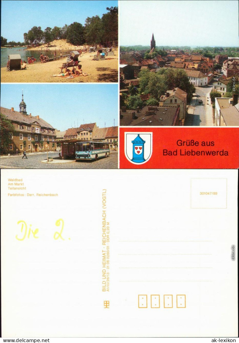 Ansichtskarte Bad Liebenwerda Waldbad - Strand, Markt, Teilansicht 1989 - Bad Liebenwerda