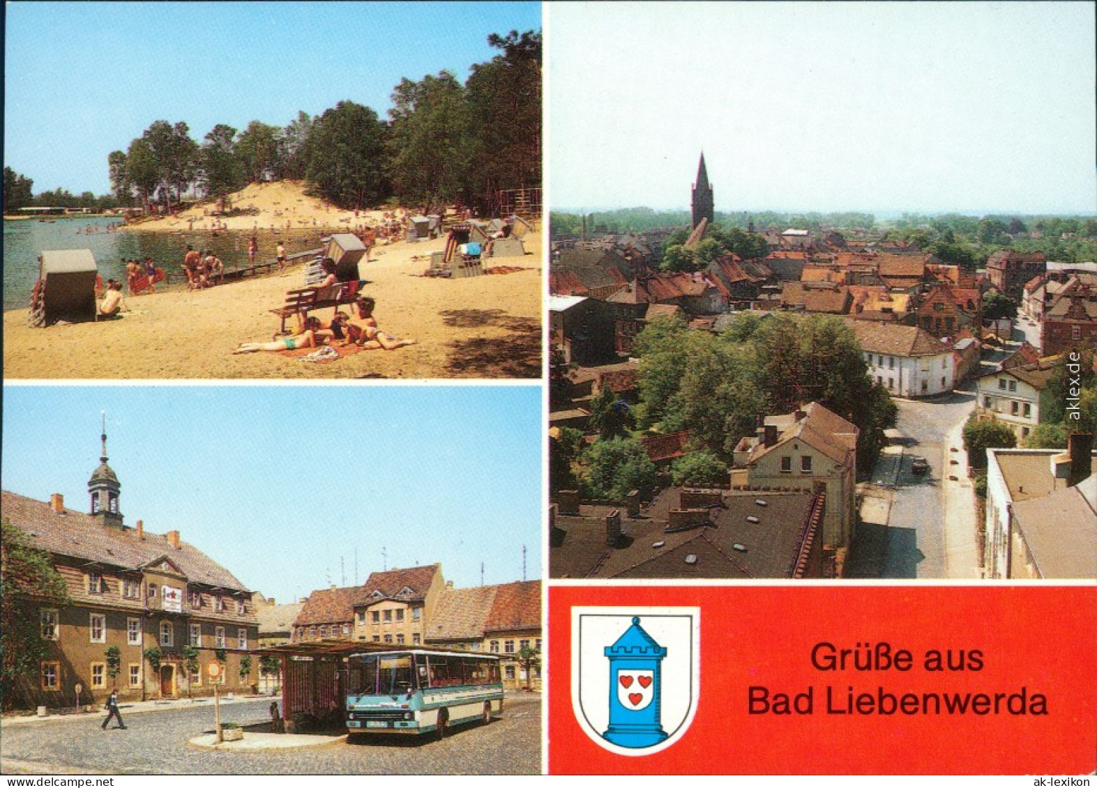 Ansichtskarte Bad Liebenwerda Waldbad - Strand, Markt, Teilansicht 1989 - Bad Liebenwerda