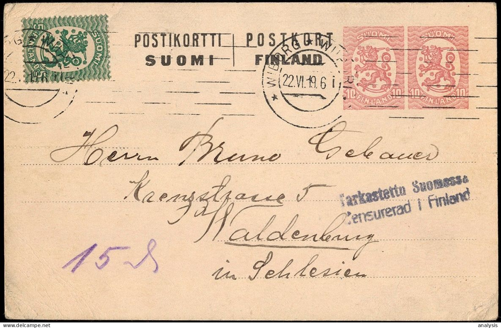 Finland Viipuri Uprated 2x10P Postal Stationery Card Mailed To Germany 1919 2-line Censor - Briefe U. Dokumente