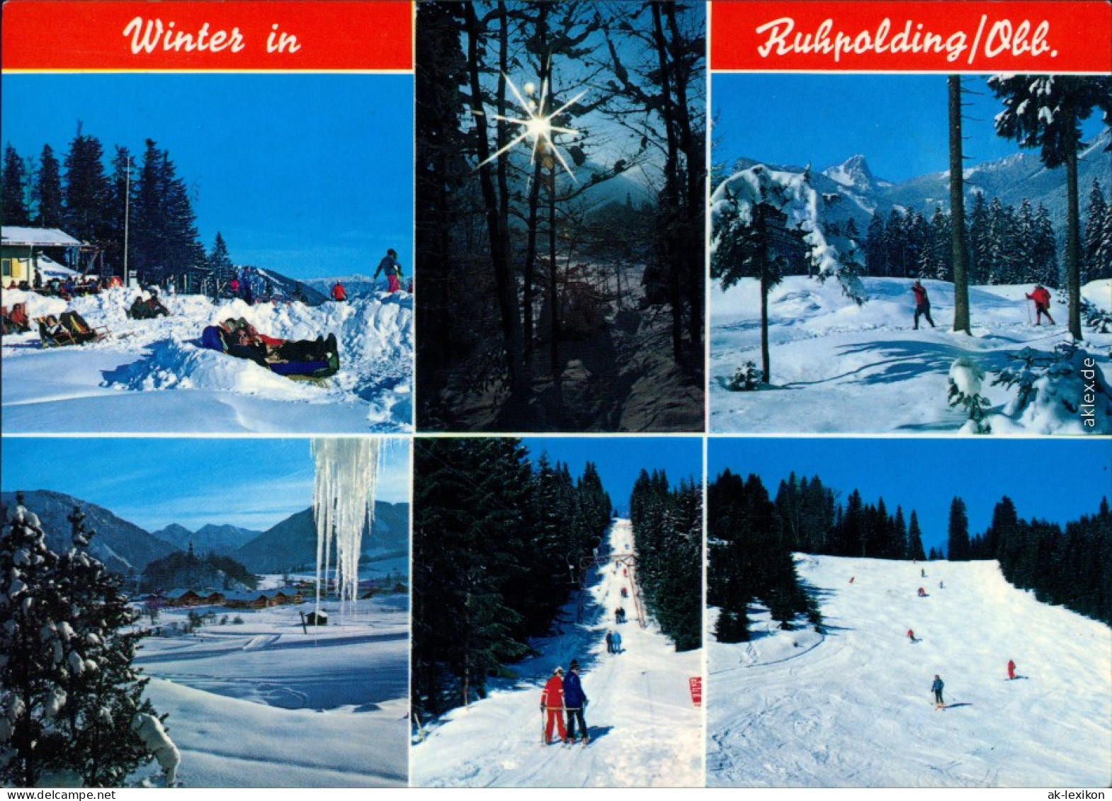 Ruhpolding Winterliche Szene, Gashof, Wald, Skifahrer, Piste, Skilift 1994 - Ruhpolding