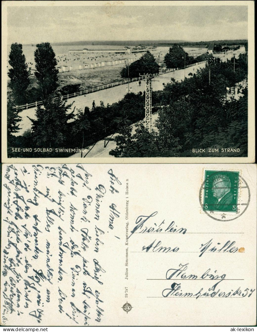 Postcard Swinemünde Świnoujście Strand, Promenade 1937 - Pommern