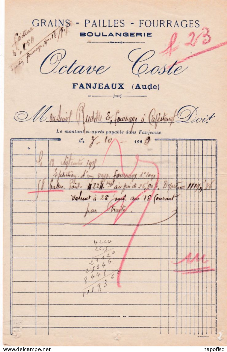 11-O.Coste...Grains, Pailles, Fourrages, Boulangerie..Fanjeaux..(Aude)...1923 - Landwirtschaft