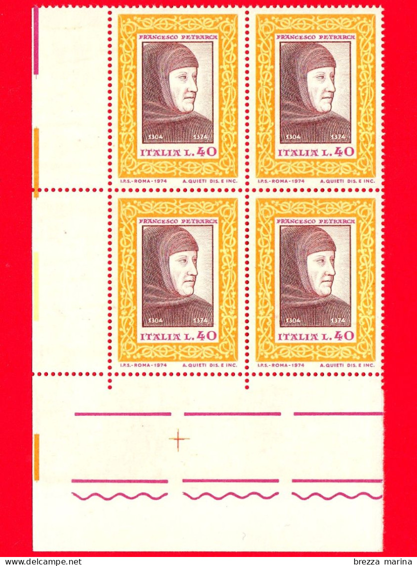 Nuovo - MNH - ITALIA - 1974 - 6º Centenario Della Morte Di Francesco Petrarca - Quartina - Petrarca Nel Suo - 40 L. - 1971-80: Nieuw/plakker