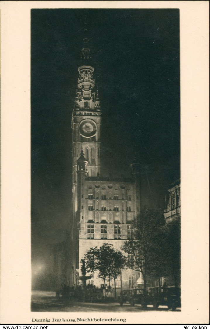 Danzig Gdańsk/Gduńsk Rathaus Nachtbeleuchtung - Privatfoto AK 1929 - Danzig