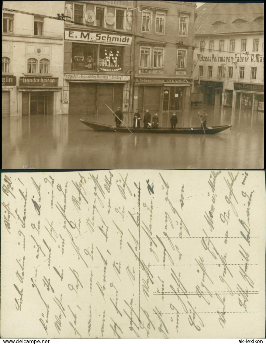 Ansichtskarte Meißen Boot, Hochwasser - Geschäfte 1920 Privatfoto - Meissen