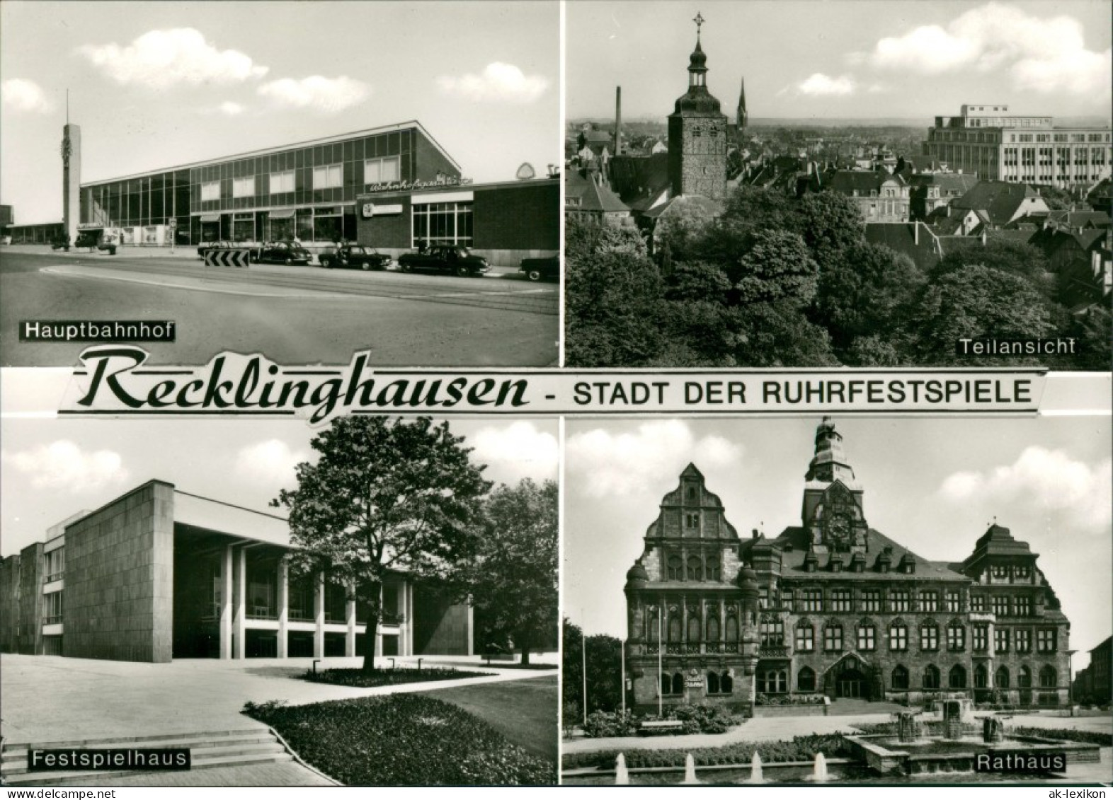 Ansichtskarte Recklinghausen 4 Bild: Rathaus, Festspielhaus, Hauptbahnhof 1971 - Recklinghausen