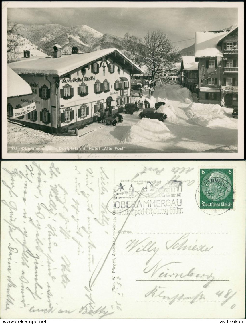 Ansichtskarte Oberammergau Dorfplatz Mit Hotel Alte Post Im Winter 1936 - Oberammergau