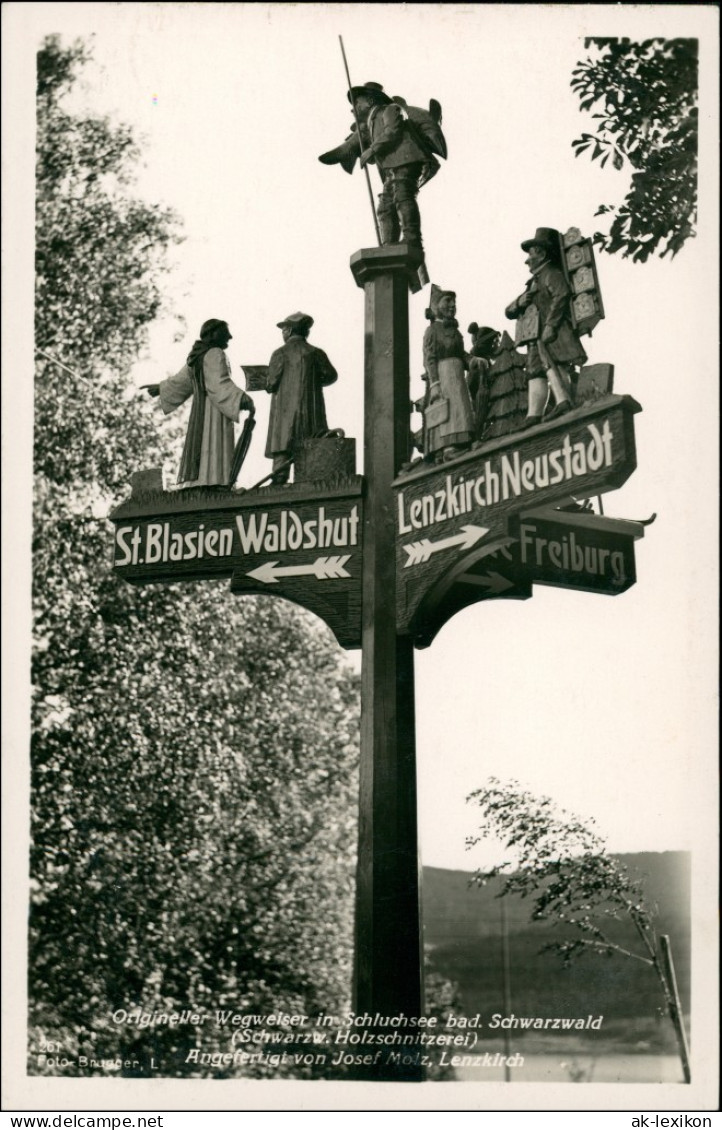 Ansichtskarte Schluchsee Wegweiser Lenzkirch, Freiburg Geschnitzt 1934 - Schluchsee