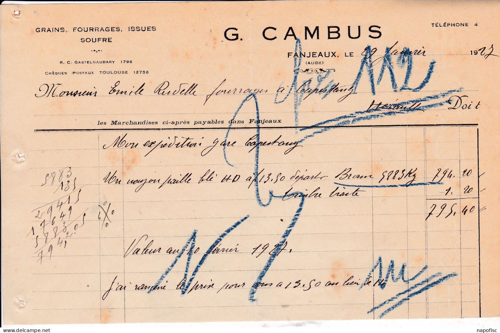 11-G.Cambus..Grains,  Fourrages, Issues, Soufre.. Fanjeaux...(Aude)...1923 - Landbouw