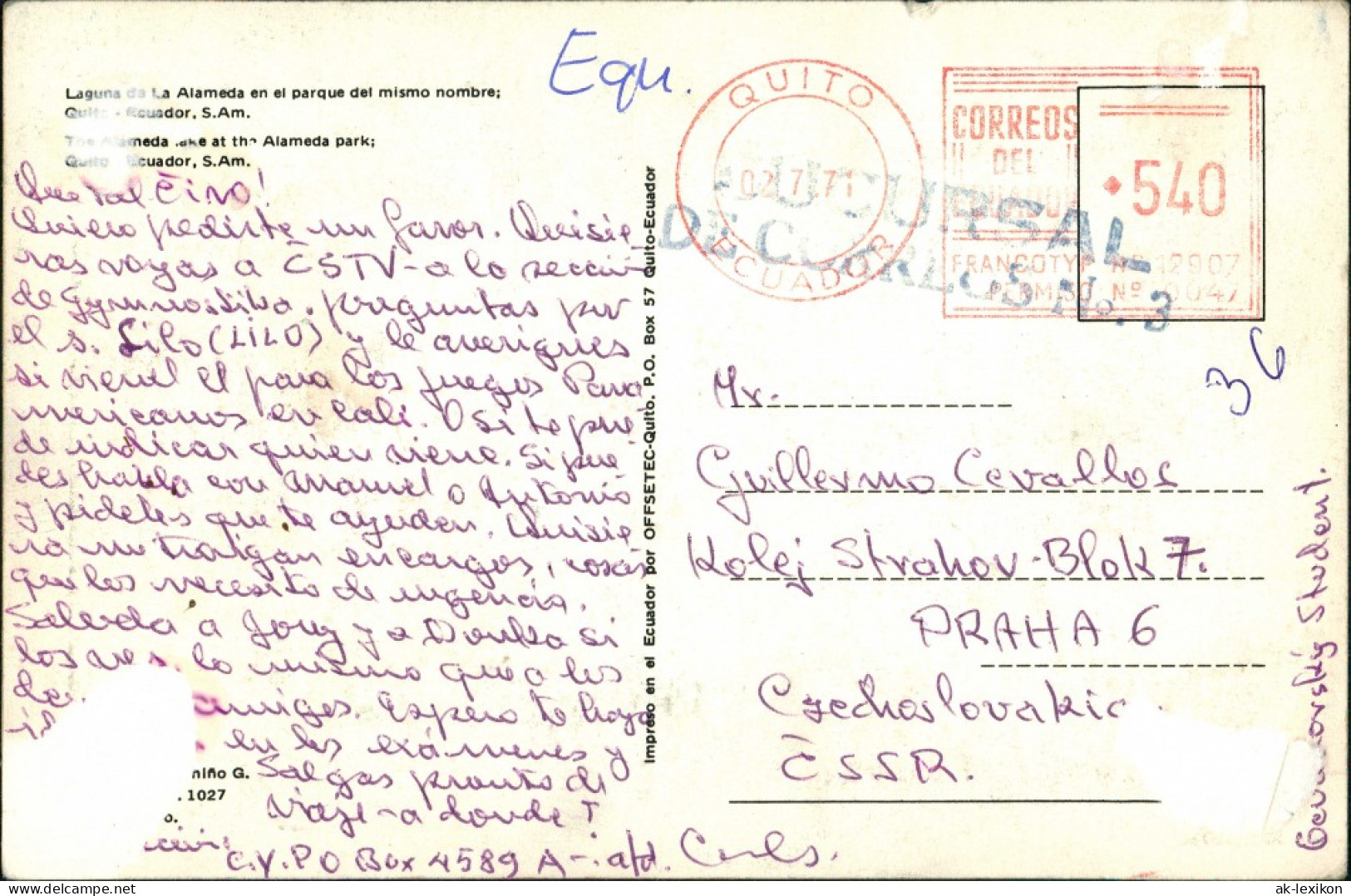 Postcard Quito Stadtpartie 1971 - Equateur