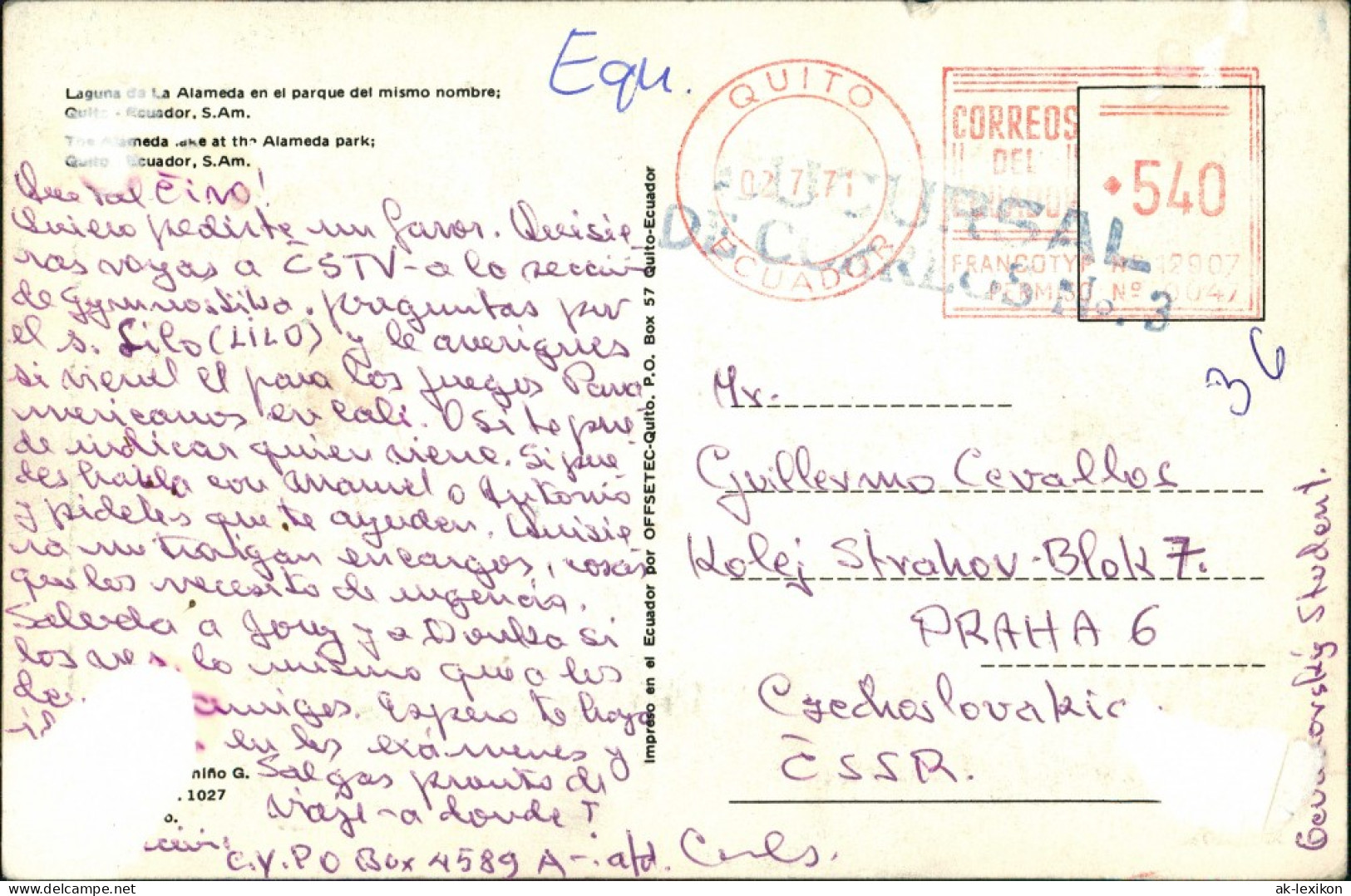 Postcard Quito Stadtpartie 1971 - Ecuador