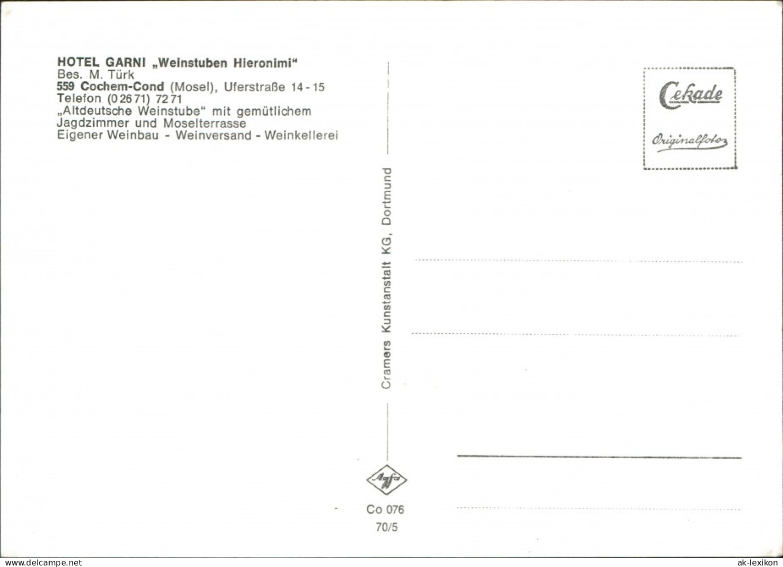 Ansichtskarte Cochem Kochem HOTEL GARNI ,,Weinstuben Hieronimi" - 4 Bild 1970 - Cochem