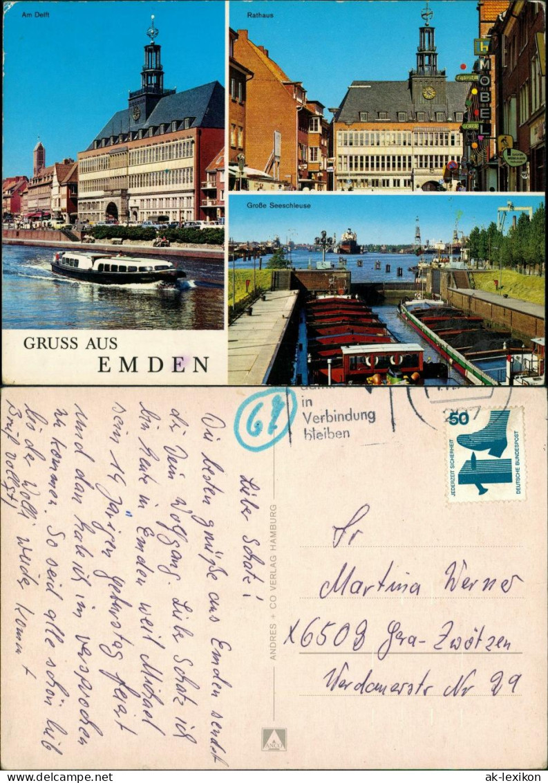 Ansichtskarte Emden 3-Bild-AK Am Delft, Rathaus, Große See-Schleuse 1975 - Emden