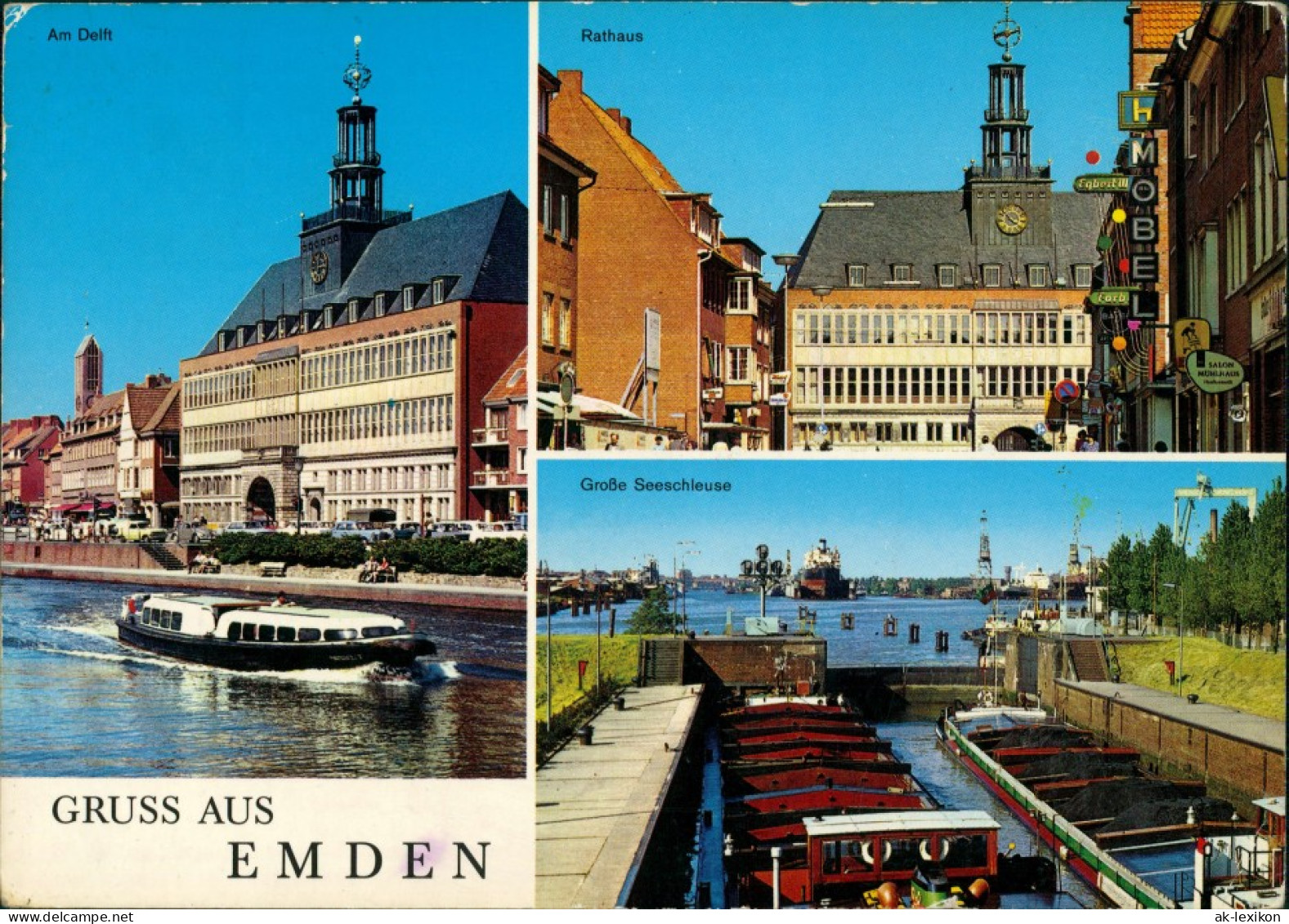 Ansichtskarte Emden 3-Bild-AK Am Delft, Rathaus, Große See-Schleuse 1975 - Emden