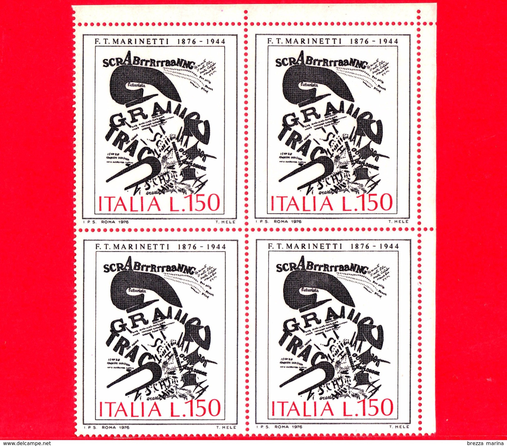 Nuovo - MNH - ITALIA - 1976 - Arte - Filippo T. Marinetti  - Quartina - La Lettera Dell'artigliere Al Fronte - 150 L. - 1971-80: Neufs