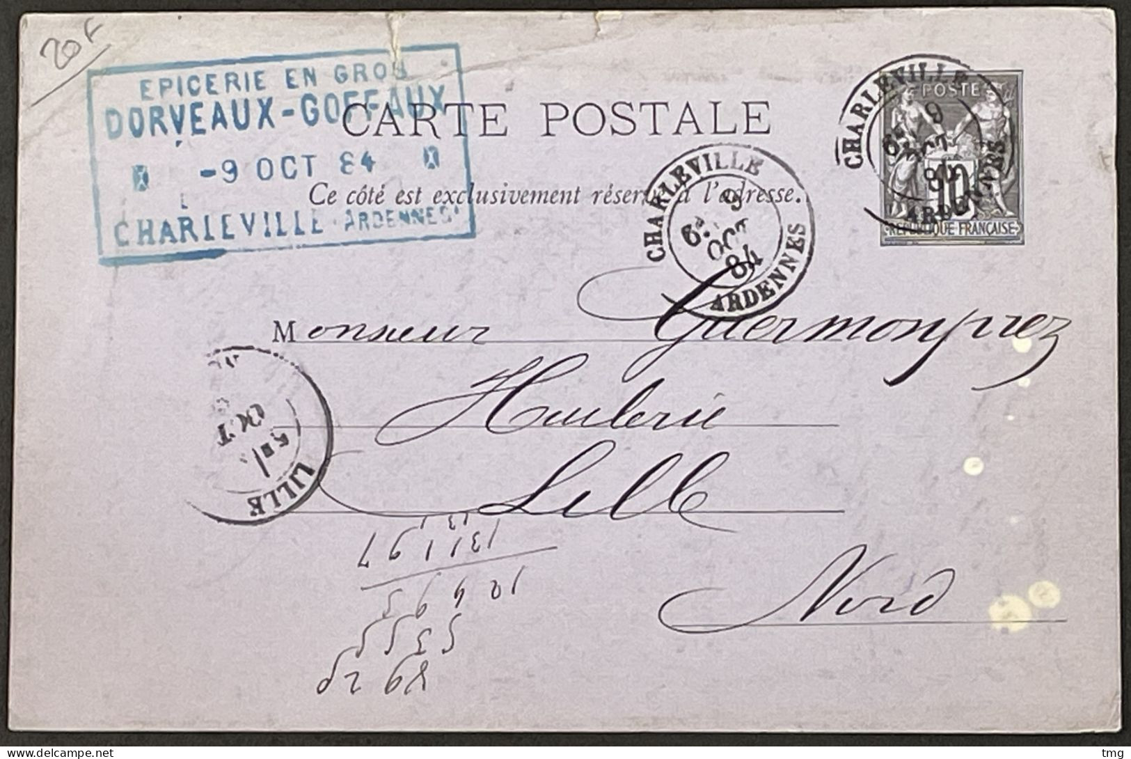 89-CP2 Sage 10c Noir Sur Lilas Sans RF Charleville Ardennes (Epicerie Dorveaux Goffaux) à Lille 09.10.84 France – 8ciel - Cartes/Enveloppes Réponse T