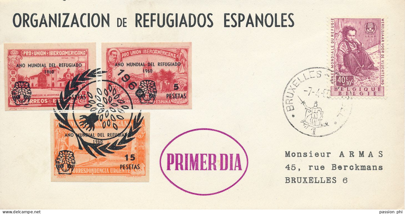 BELGIUM BELGIQUE ORGANIZACION DE REFUGIADOS ESPANILES FDC 07.04.60 - 1951-1960