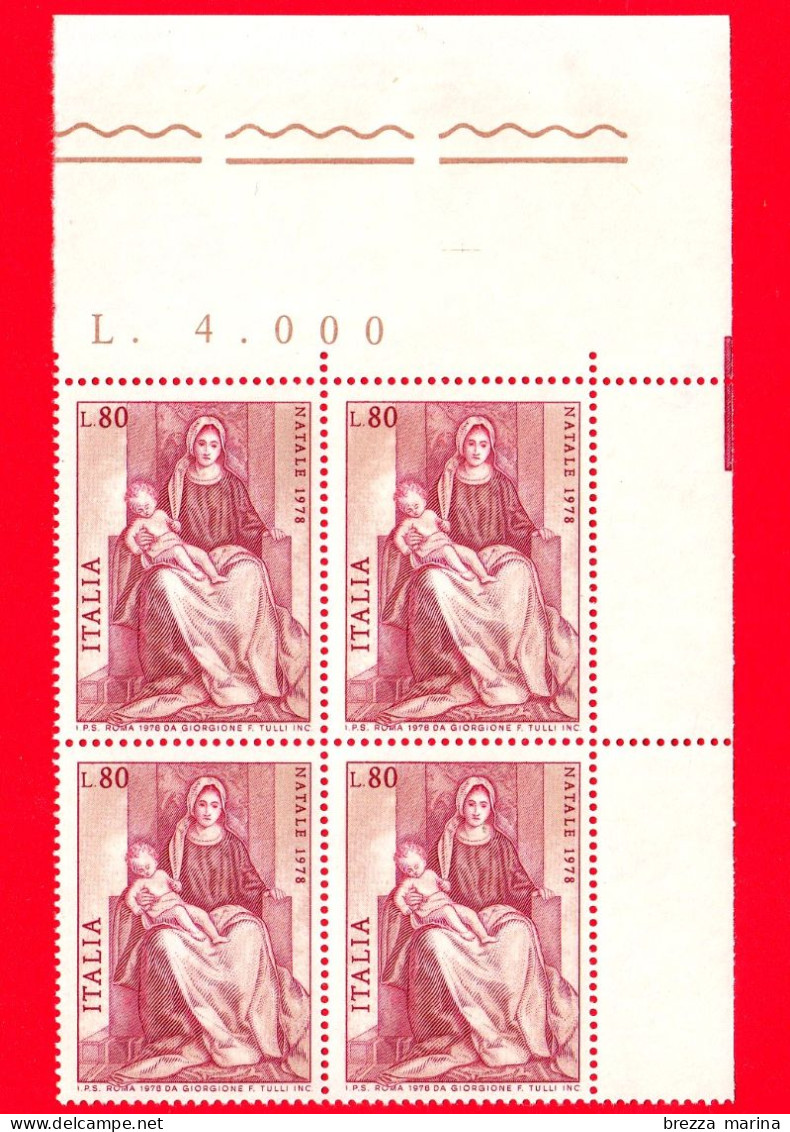 Nuovo - MNH - ITALIA - 1978 - Natale - Quartina - Madonna Col Bambino Di Giorgione - 80 L. - 1971-80:  Nuevos