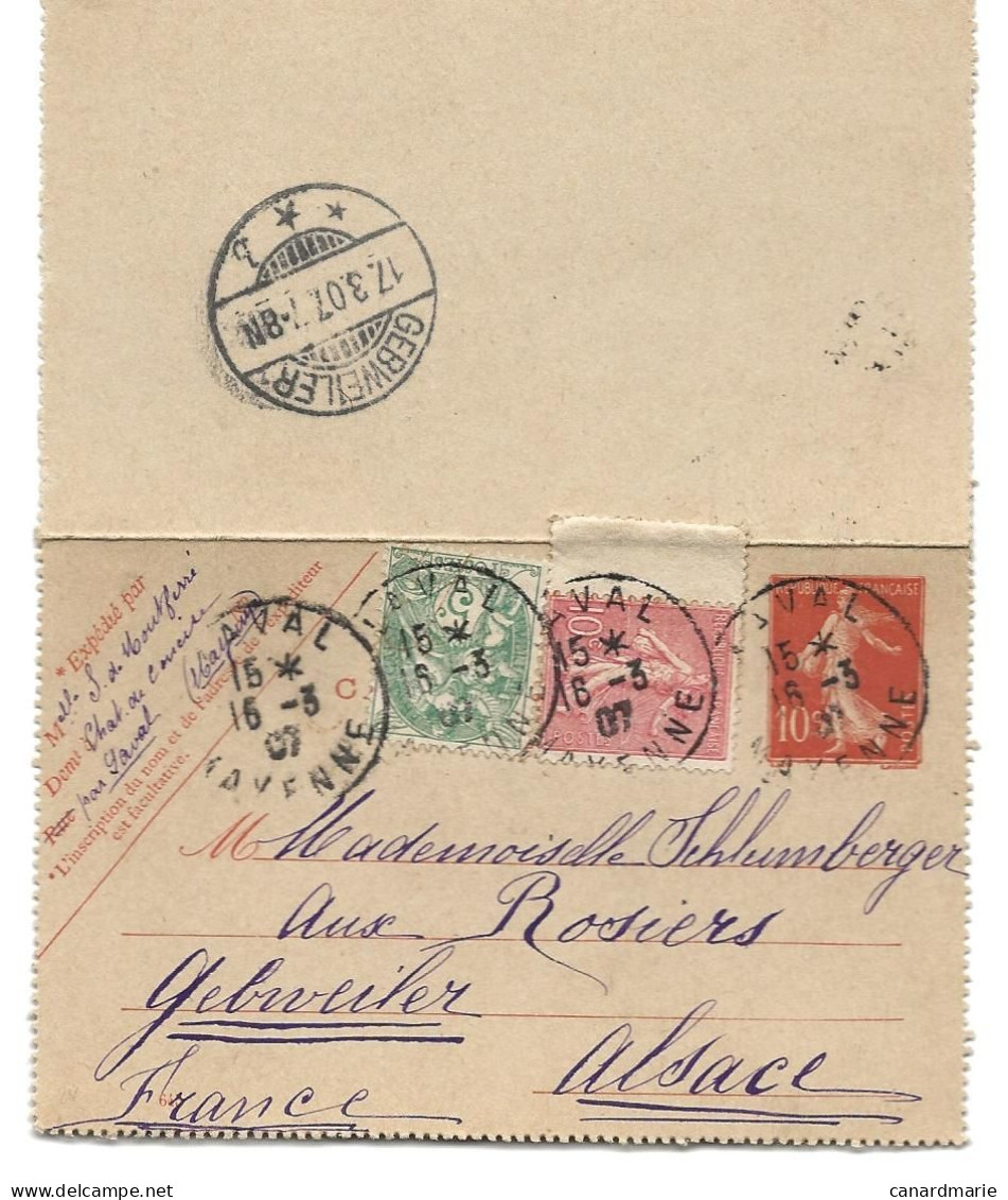 CARTE LETTRE A 10 CT AU TYPE SEMEUSE 1907 AVEC AFFRANCHISSEMENT COMPLEMENTAIRE DE 2 TIMBRES - Cartes-lettres