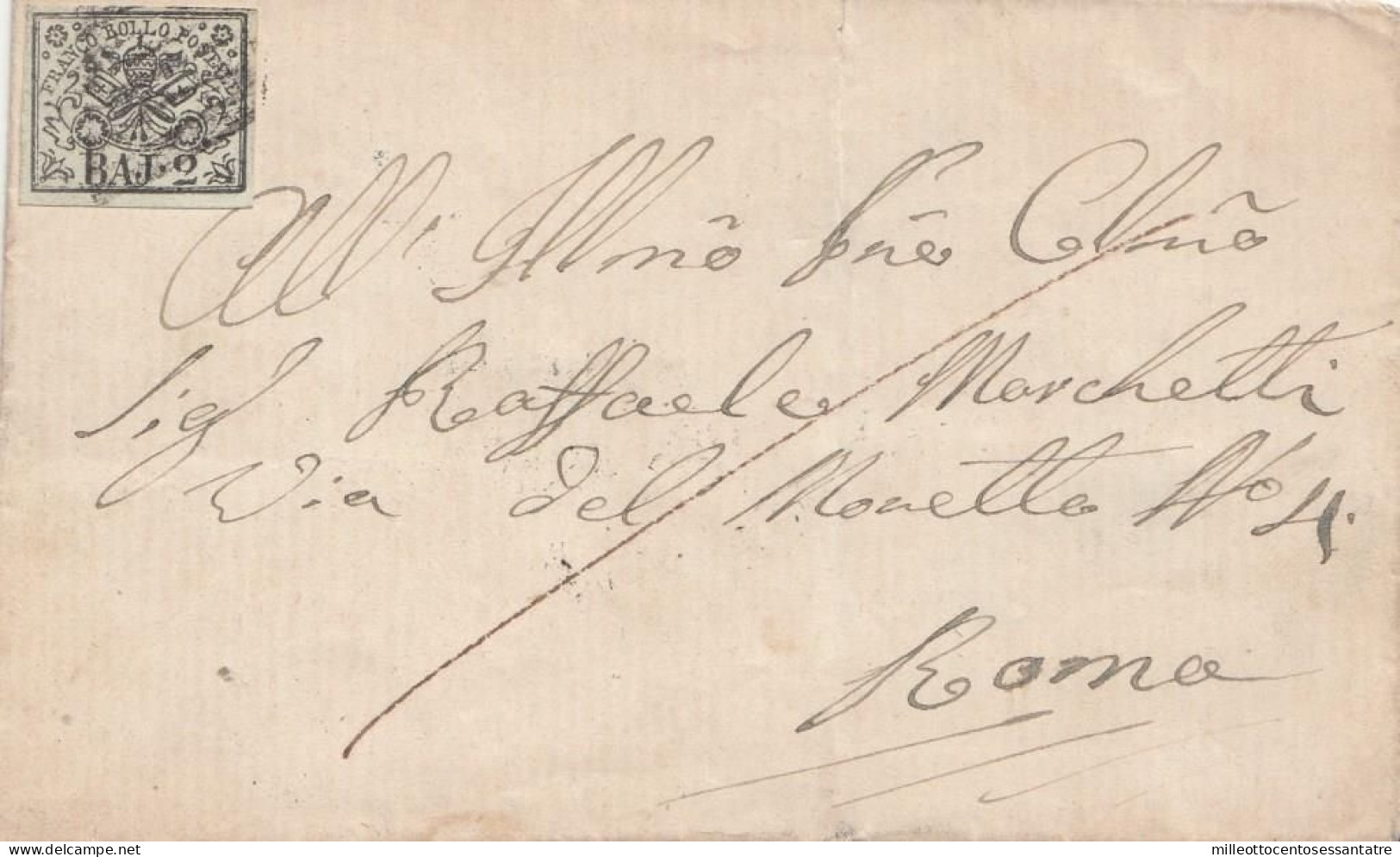 3013 - PONTIFICIO - Involucro - Franco -  Senza Testo Del 31 Agosto 1864 Da Frascati A Roma Con 2 Baj Verde Giallastro - - Stato Pontificio