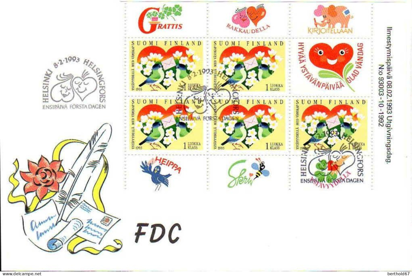 Finlande Poste Obl Yv:1164 Mi: Hyvää Ystävänpäivää Glad Vändag 8.2.1993 Bande De 5 (TB Cachet à Date) Fdc 8-2-1993 - FDC